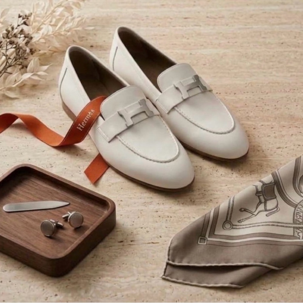HERMES Paris Loafers White silver  H Logo woman’s US5/36 Calfskin old money l
